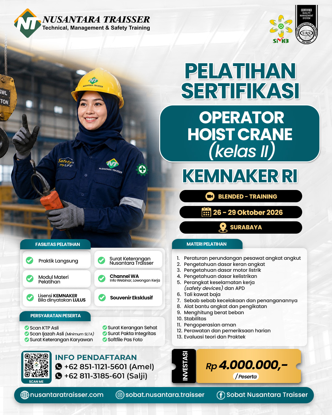 Pelatihan & Sertifikasi Hoist Crane Kelas 2 (Dua) | KEMNAKER RI