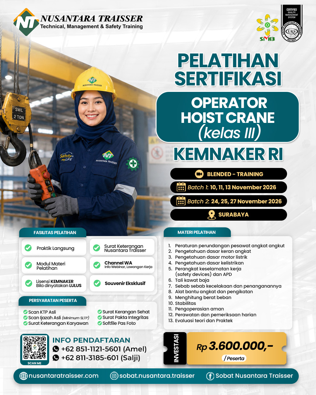 Pelatihan & Sertifikasi Operator Hoist Crane Kelas 3 (Tiga) | KEMNAKER RI - Batch 1 & 2