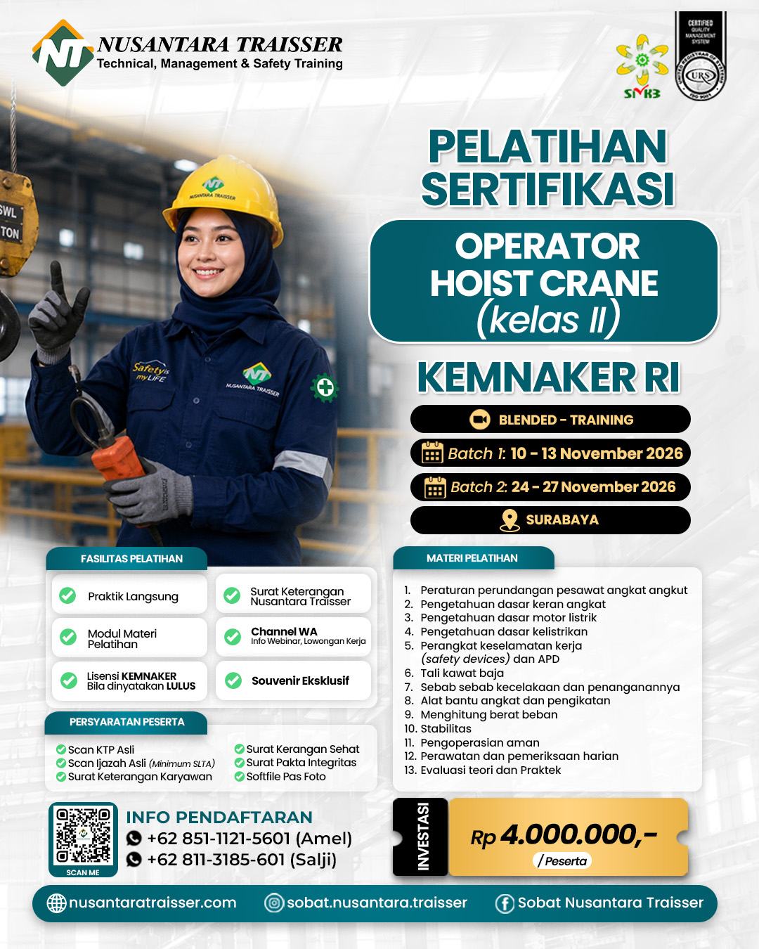 Pelatihan & Sertifikasi Operator Hoist Crane Kelas 2 (Dua) | KEMNAKER RI - Batch 1 & 2