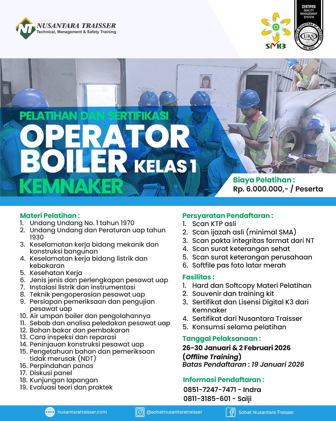 PELATIHAN DAN SERTIFIKASI OPERATOR BOILER KELAS 1 KEMNAKER