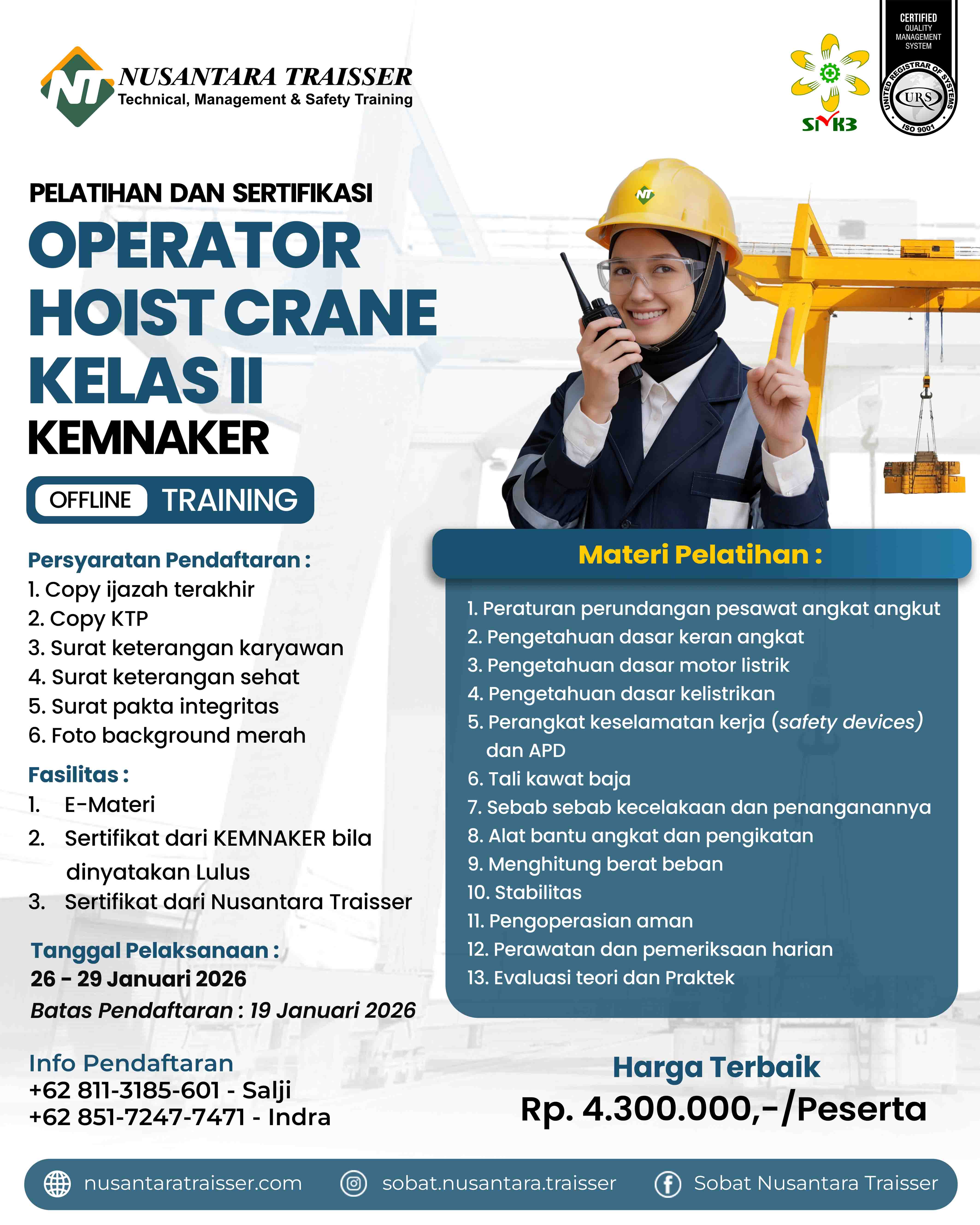 PELATIHAN OPERATOR HOIST CRANE KELAS II KEMNAKER